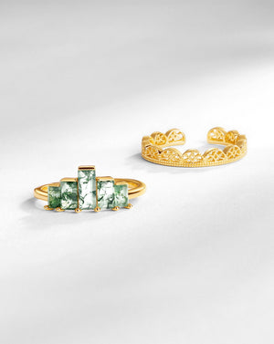 Gold Crown Stack Moss Agate Engagement Ring