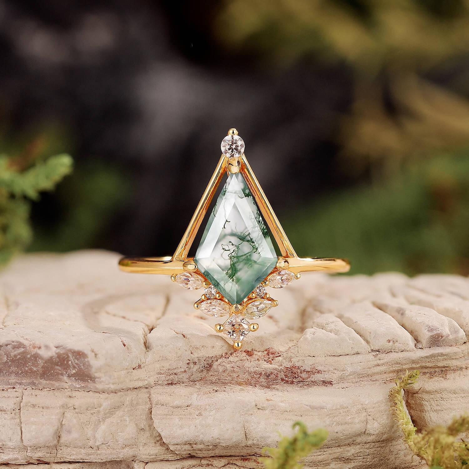 Unique Kite Cut Moss Agate Engagement Ring.