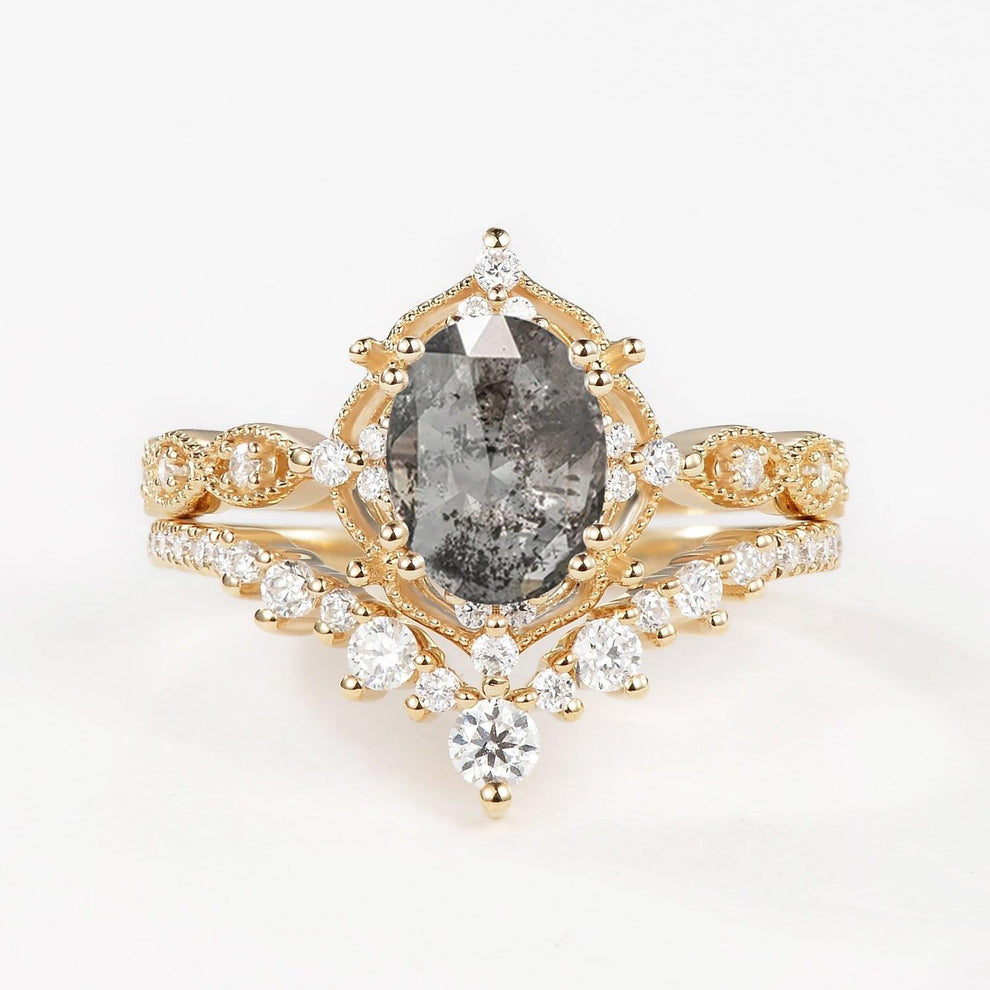 Charlotte 1.5ct Signature Moss Agate Vintage Ring Set 2pcs.