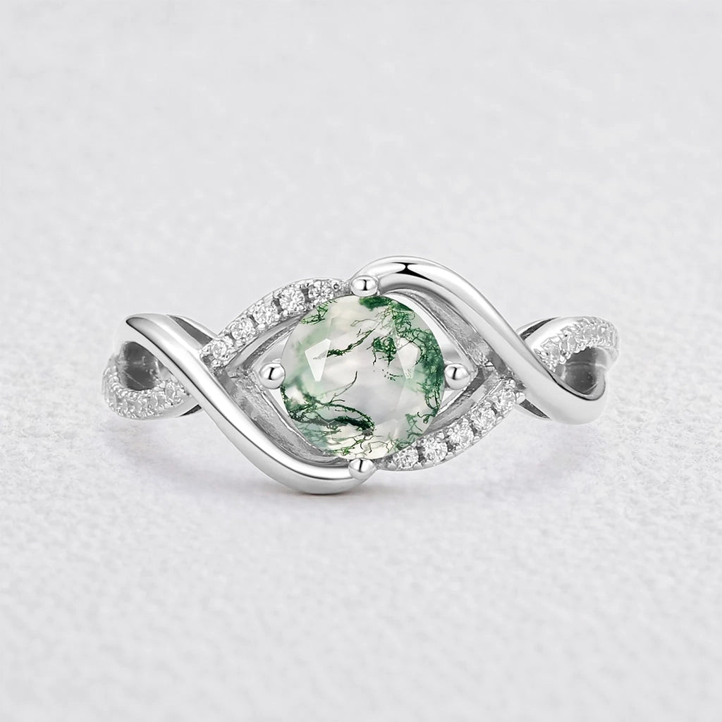 Classic Infinity Round Cut Moss Agate Engagement Ring.
