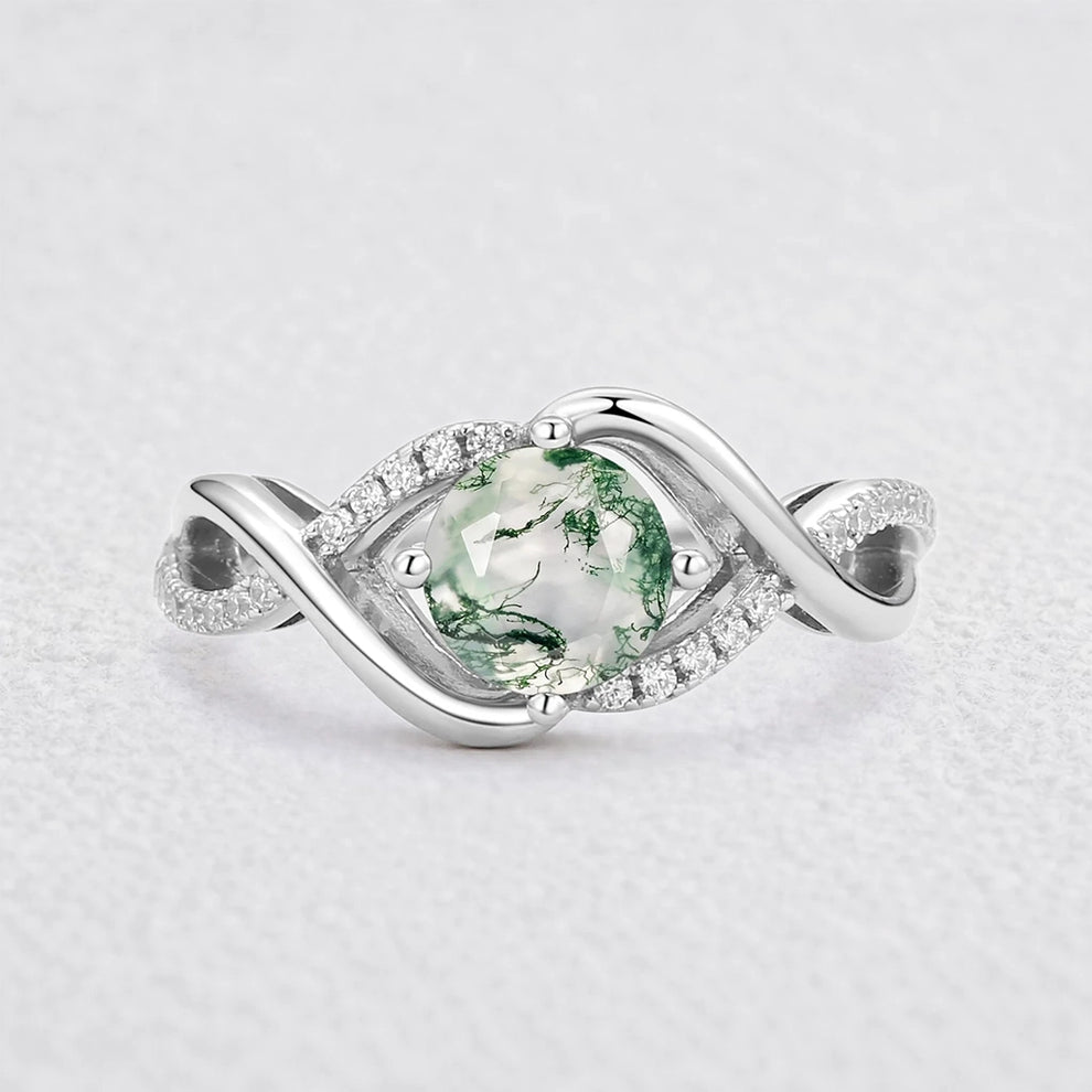 Classic Infinity Round Cut Moss Agate Engagement Ring.