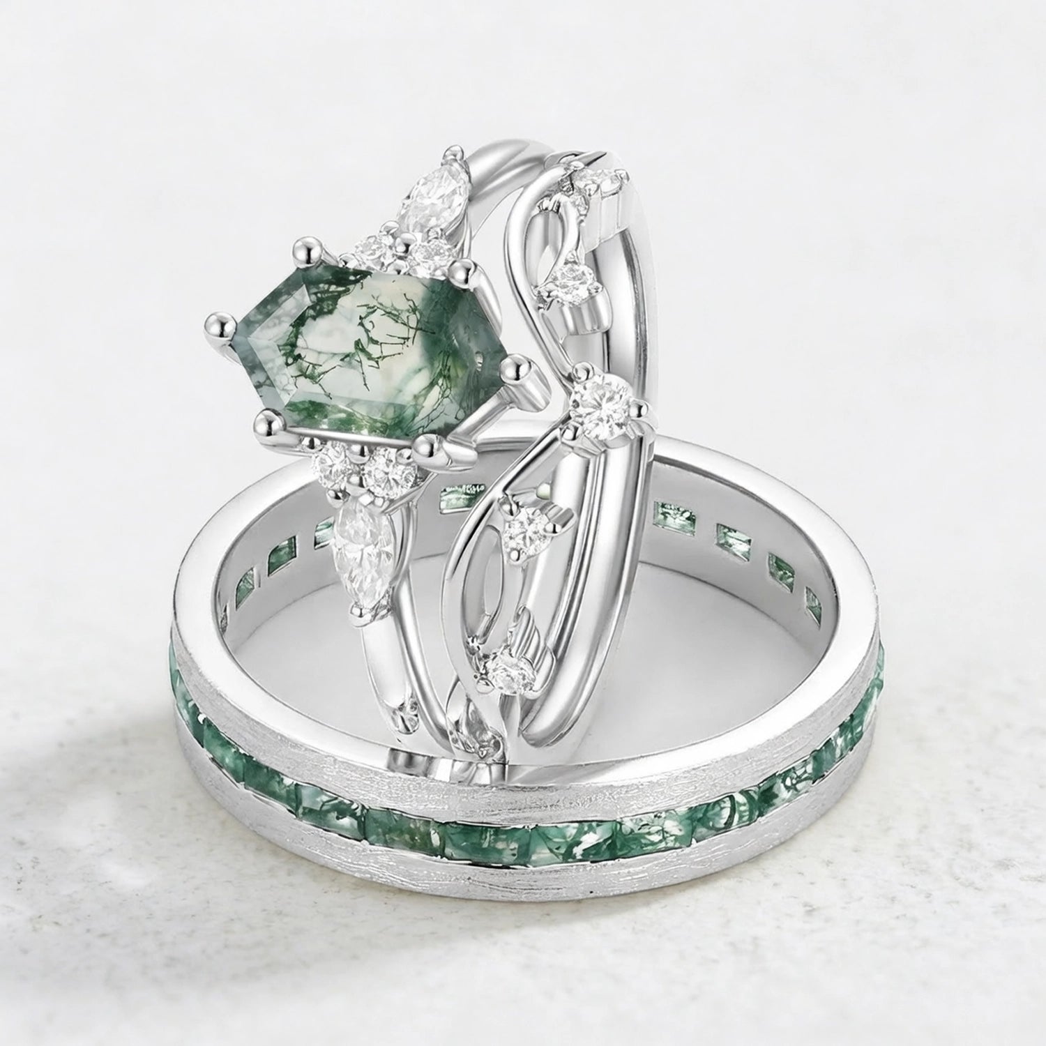 Maia’s Glade | Long Hexagon Moss Agate Leafy Couple Ring Set 3pcs.