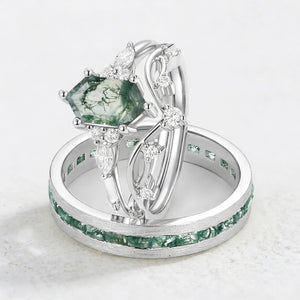 Maia’s Glade | Long Hexagon Moss Agate Leafy Couple Ring Set 3pcs.