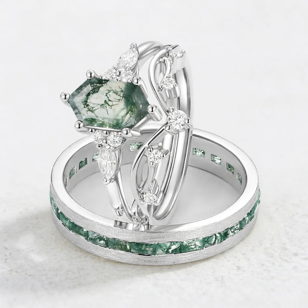 Maia’s Glade | Long Hexagon Moss Agate Leafy Couple Ring Set 3pcs.