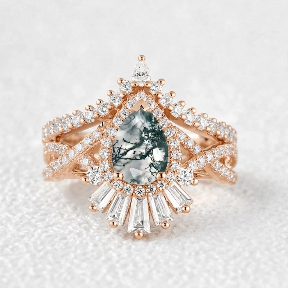 Elara's Crown | Pear Moss Agate Halo Baguette Bridal Set 2pcs.