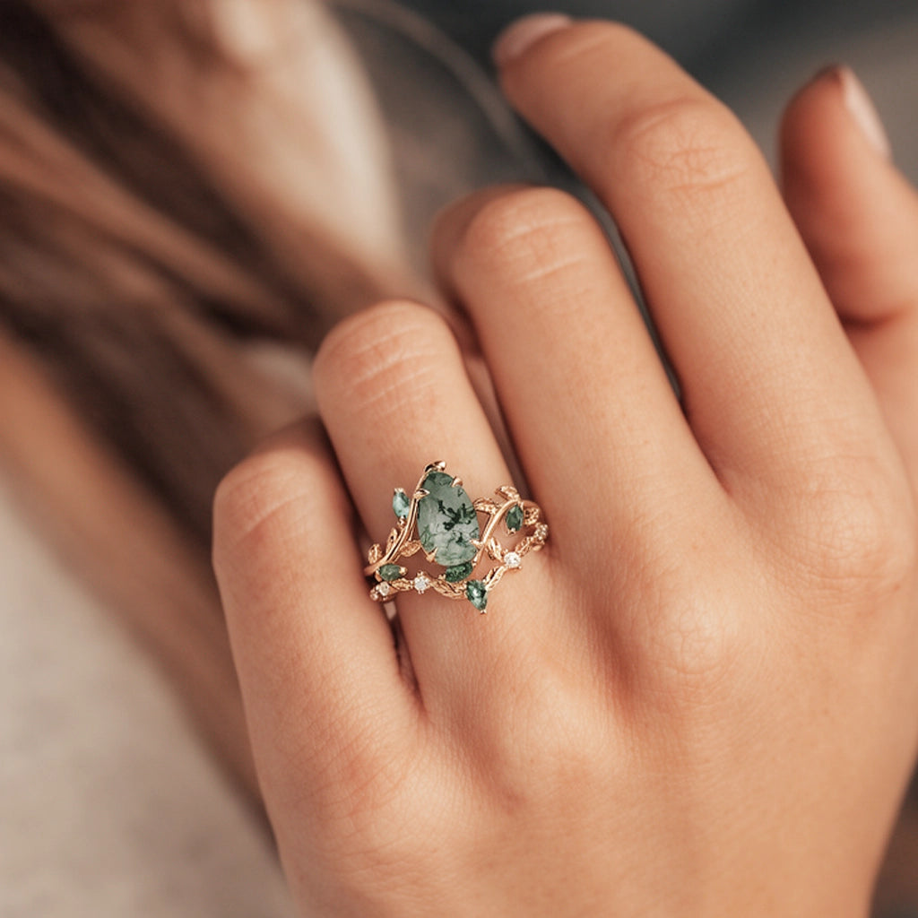Daphne’s Vine | Pear Cut Moss Agate Bridal Set 2pcs.