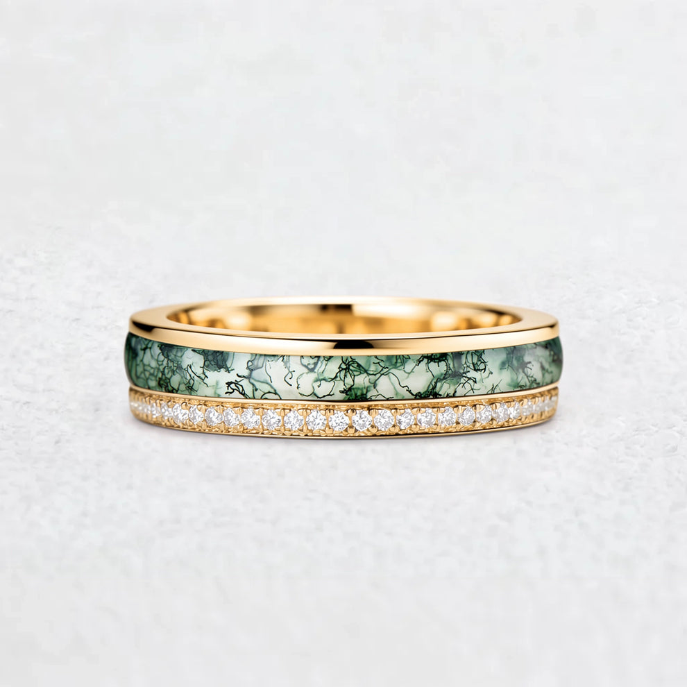 The Twin Rivers Band | Half-Bezel Horizon of Moss & Moissanite.