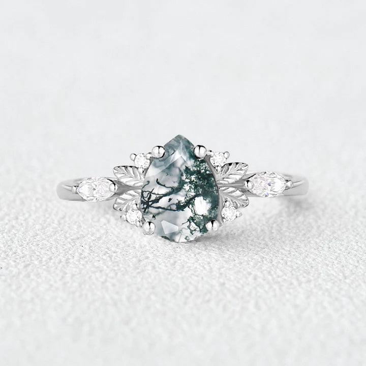 Susan Unique Leafy Pear Shaped Moss Agate Engagement Fairy Ring.
