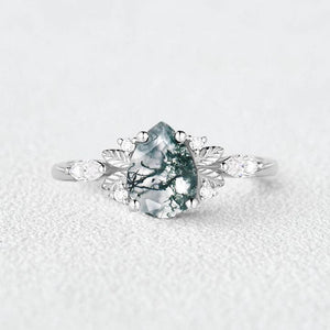 Susan Unique Leafy Pear Shaped Moss Agate Engagement Fairy Ring.