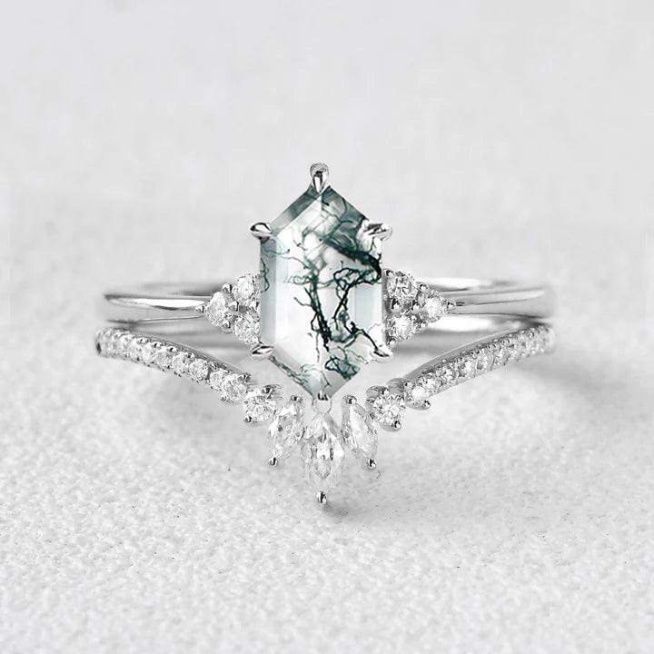 Lydia Long Hexagon Moss Agate Bridal Ring Set 2pcs.