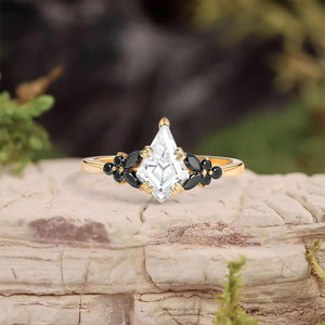 Elara’s Veil | Kite Cut Moss Agate & Onyx Leaf Engagement Ring.