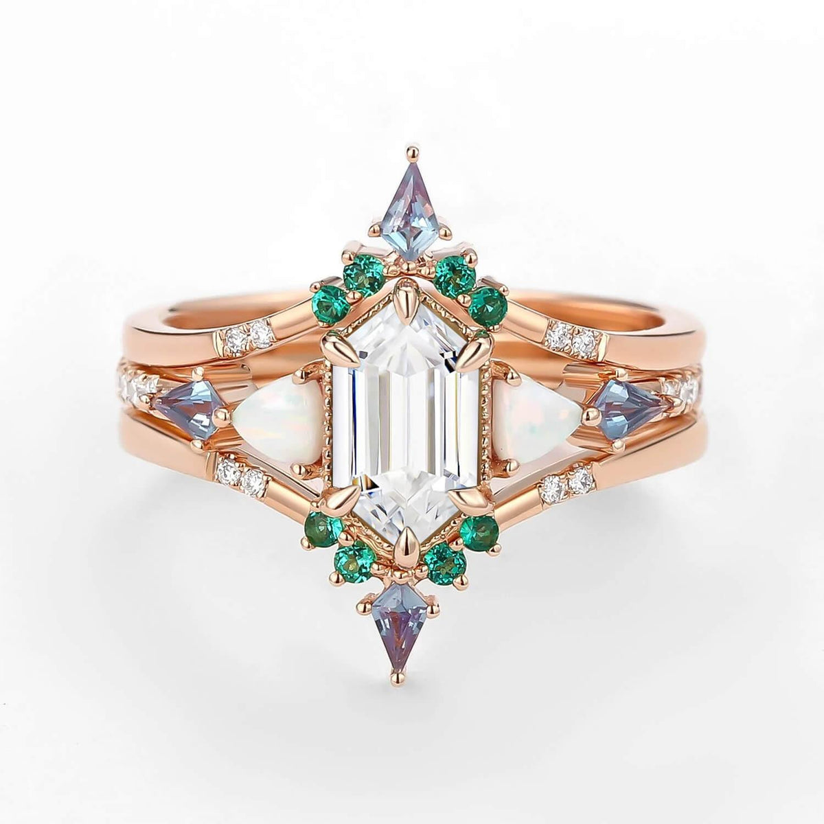 Max Hexagon Moss Agate & Opal & Emerald Engagement Ring Set 3pcs.