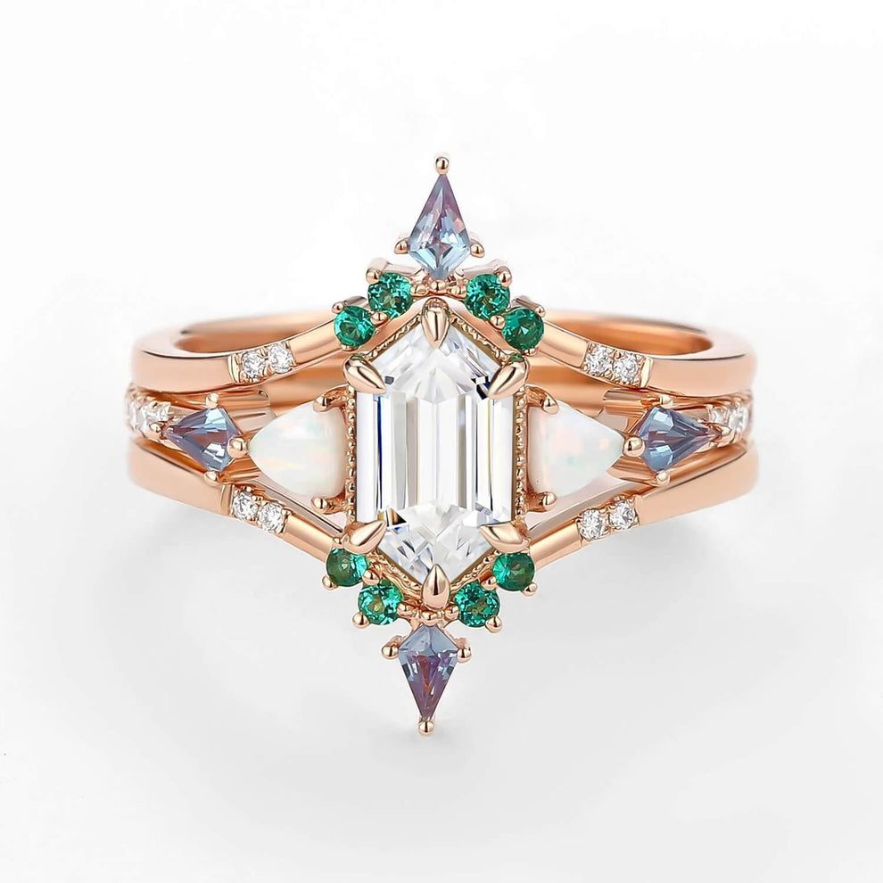 Max Hexagon Moss Agate & Opal & Emerald Engagement Ring Set 3pcs.