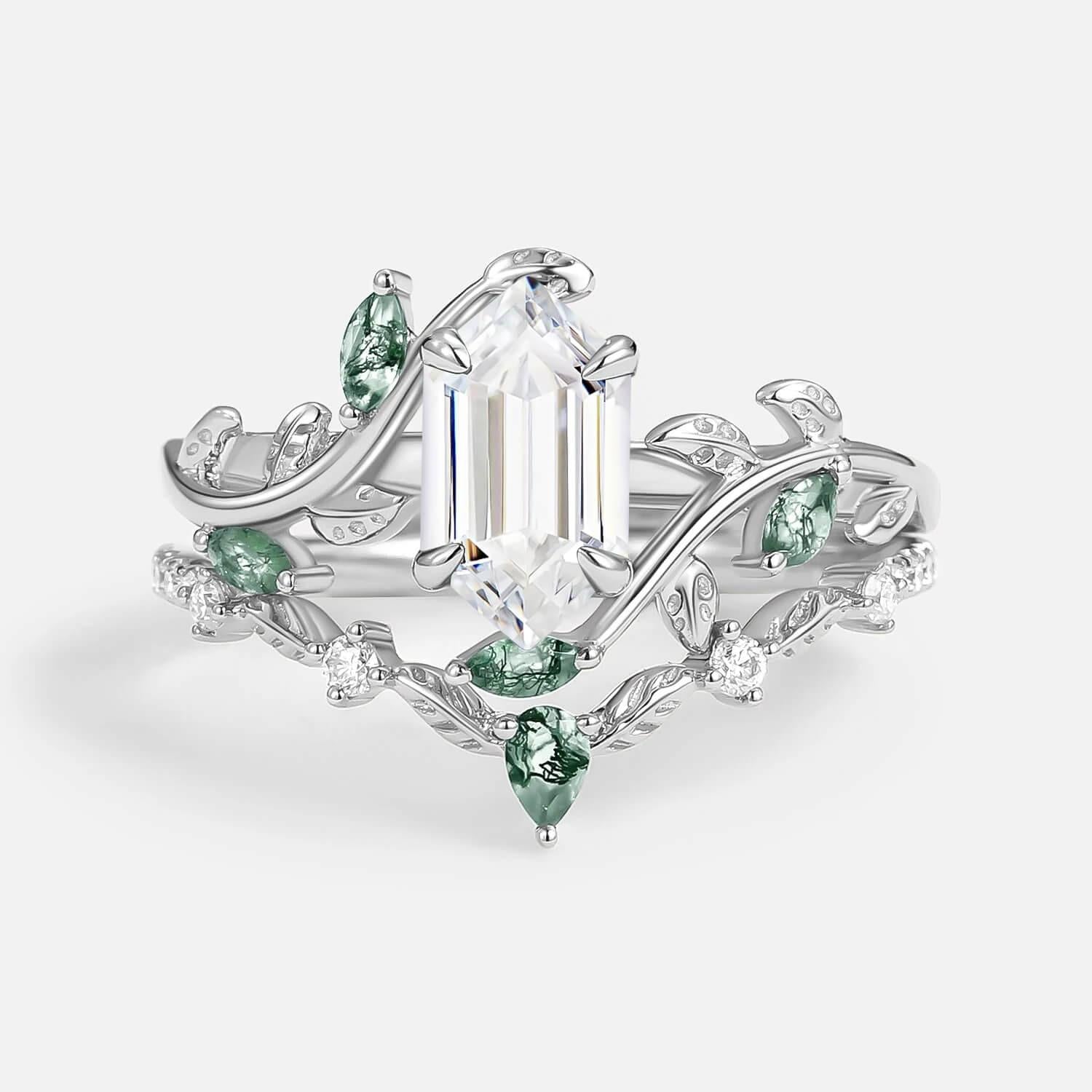 Daphne Moss Agate Hexagon Vine Emerald Engagement Ring Set 2pcs.