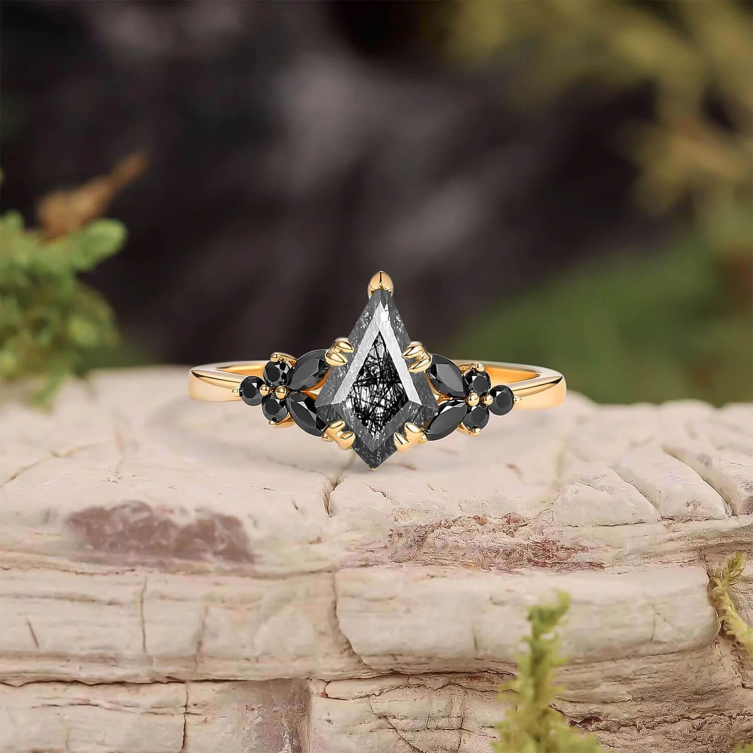 Elara’s Veil | Kite Cut Moss Agate & Onyx Leaf Engagement Ring.