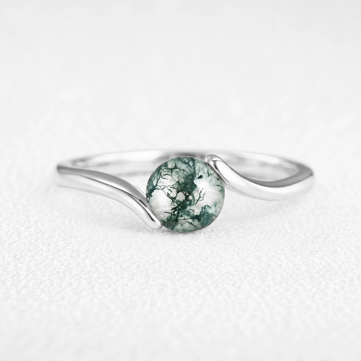 One Stone | Minimalist Solitaire Round Moss Agate Women’s Engagement Ring