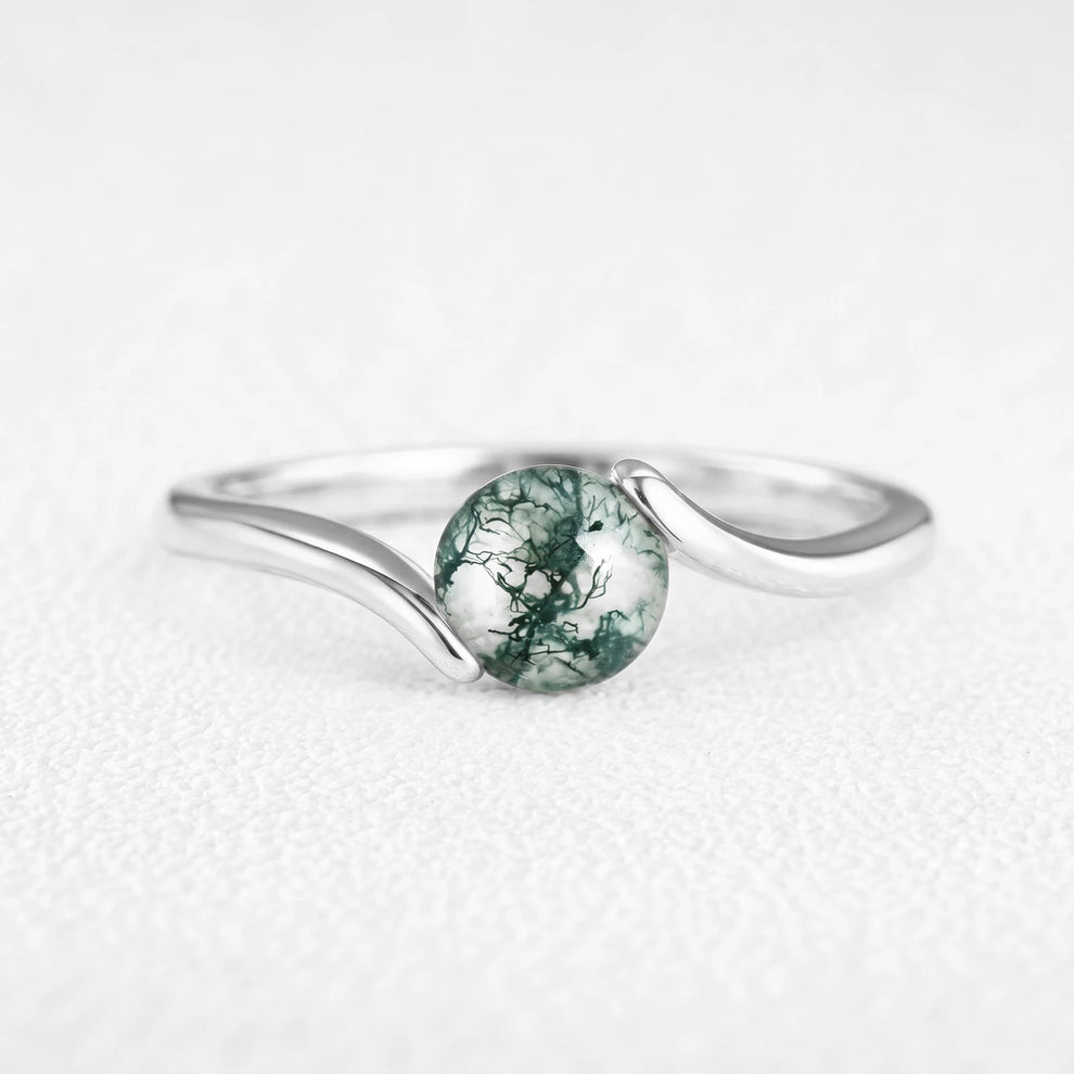 One Stone | Minimalist Solitaire Round Moss Agate Women’s Engagement Ring