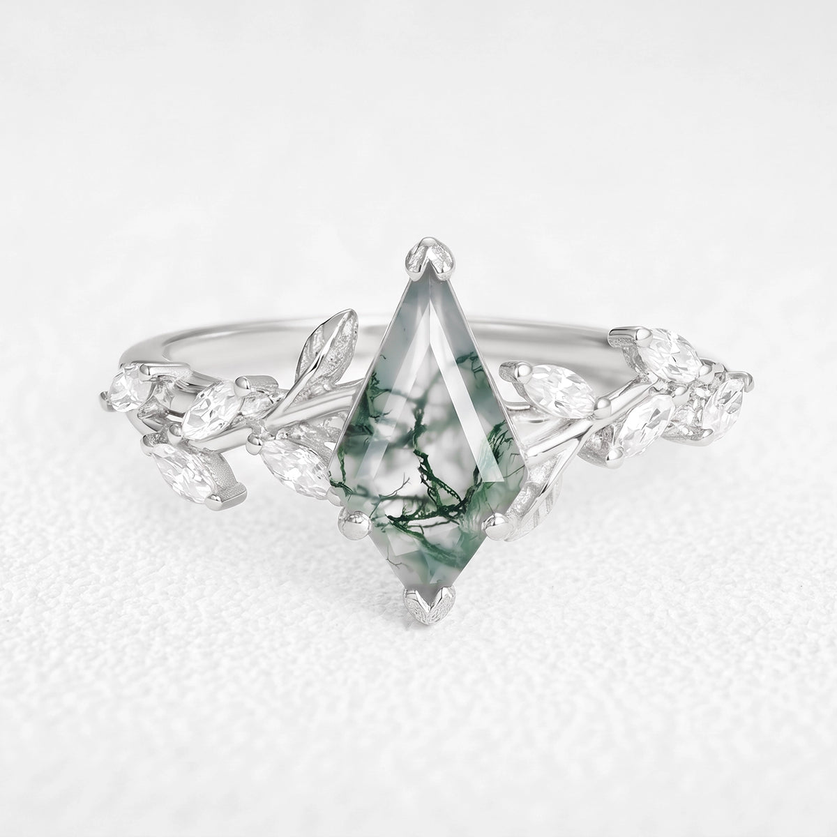 Celandine’s Tendril | Kite Cut Moss Agate Vine Engagement Ring