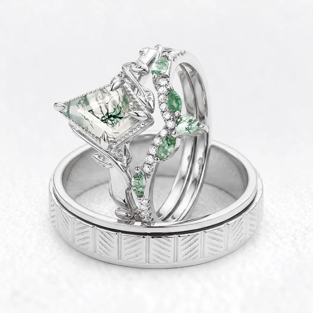 Flora’s Lark Trio | Kite Cut Moss Agate Leafy Couple Ring Set 3pcs