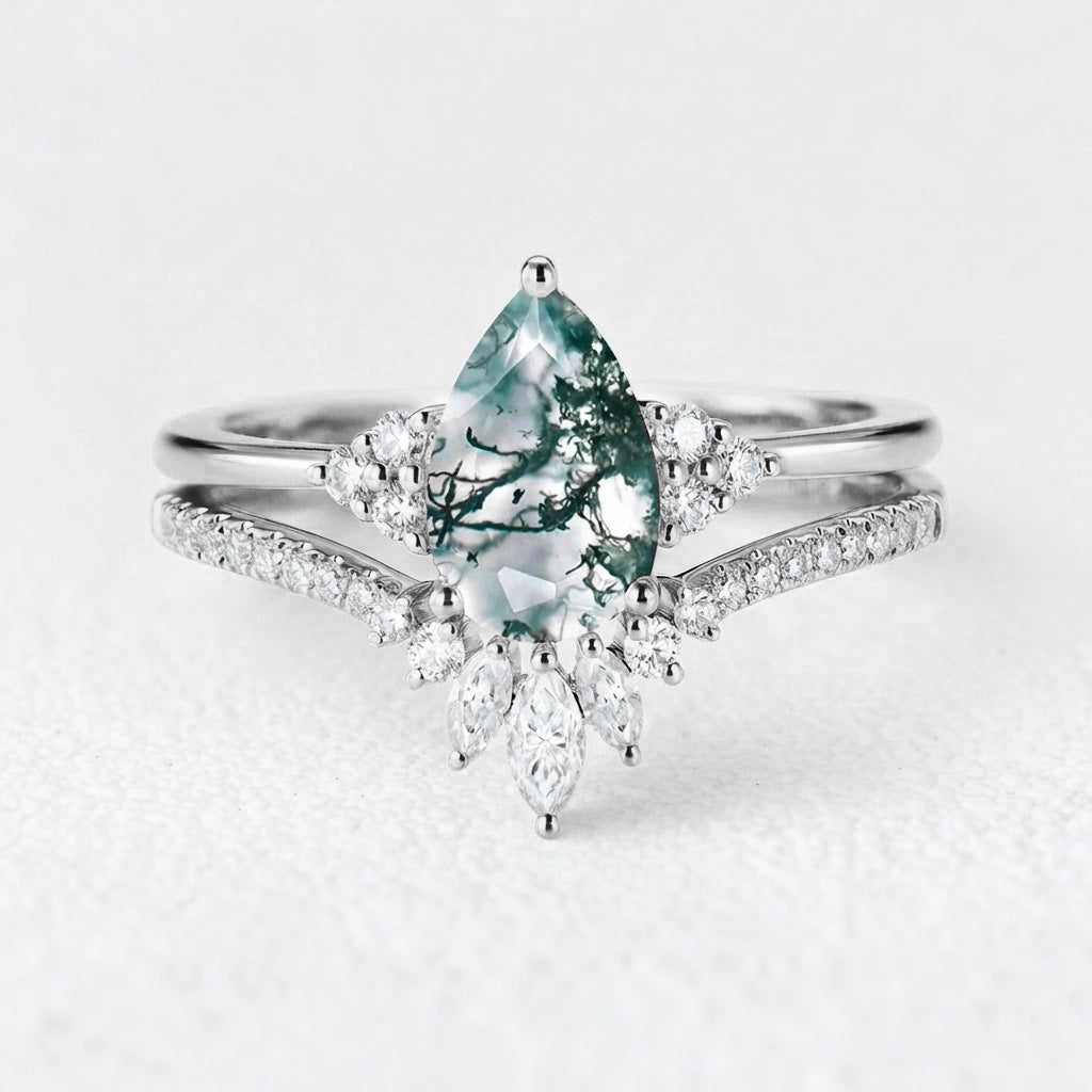 Genevieve’s Grace | Vintage Pear Cut Moss Agate Bridal Set 2pcs