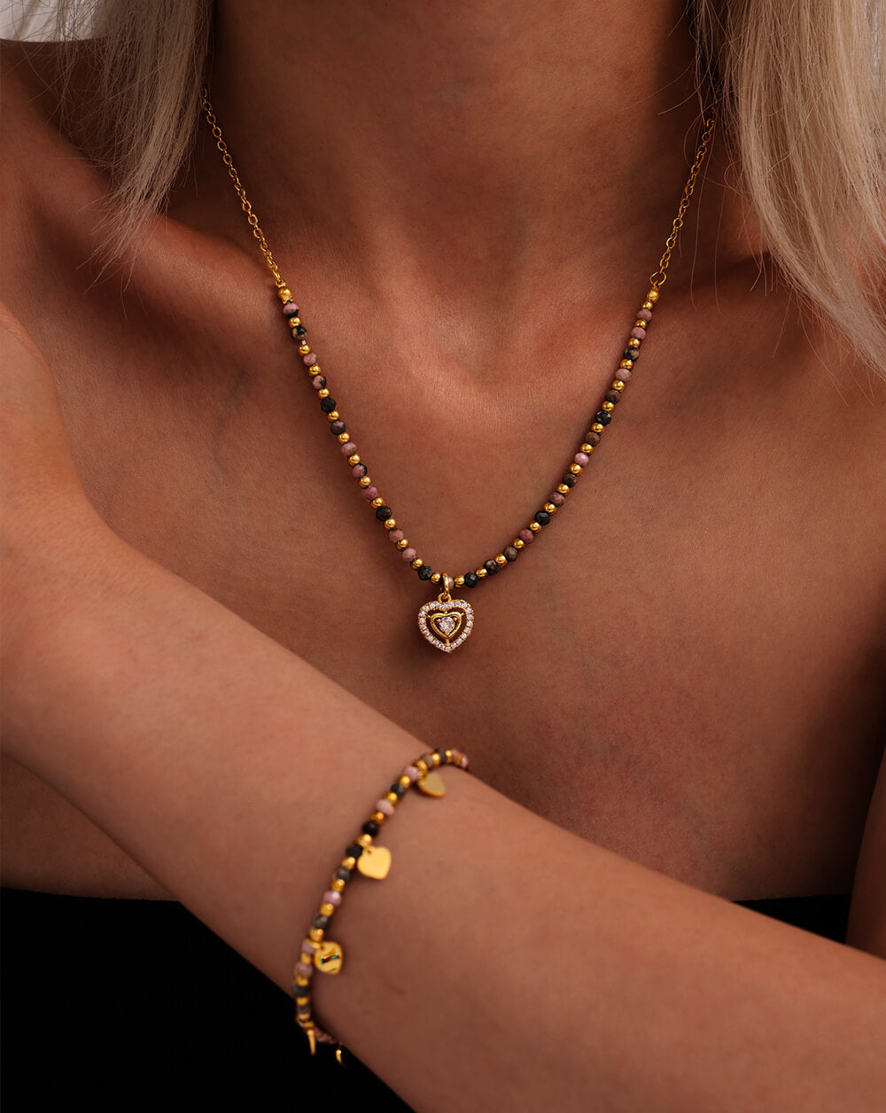 Gold Mangalsutra Gemstone Beaded Necklace with Heart Pendant