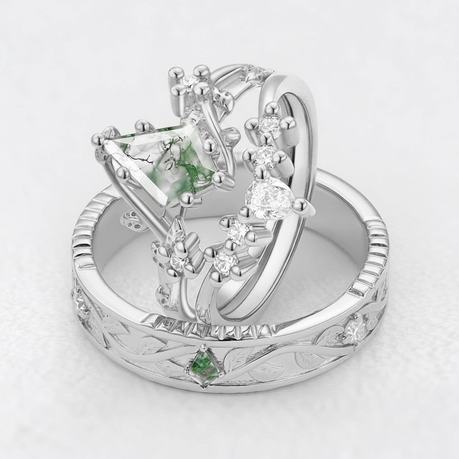 Genevieve’s Solace | Kite Cut Moss Agate Foliage Couple Ring Set 3pcs