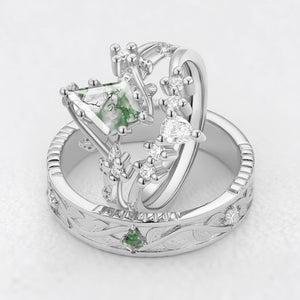 Genevieve’s Solace | Kite Cut Moss Agate Foliage Couple Ring Set 3pcs