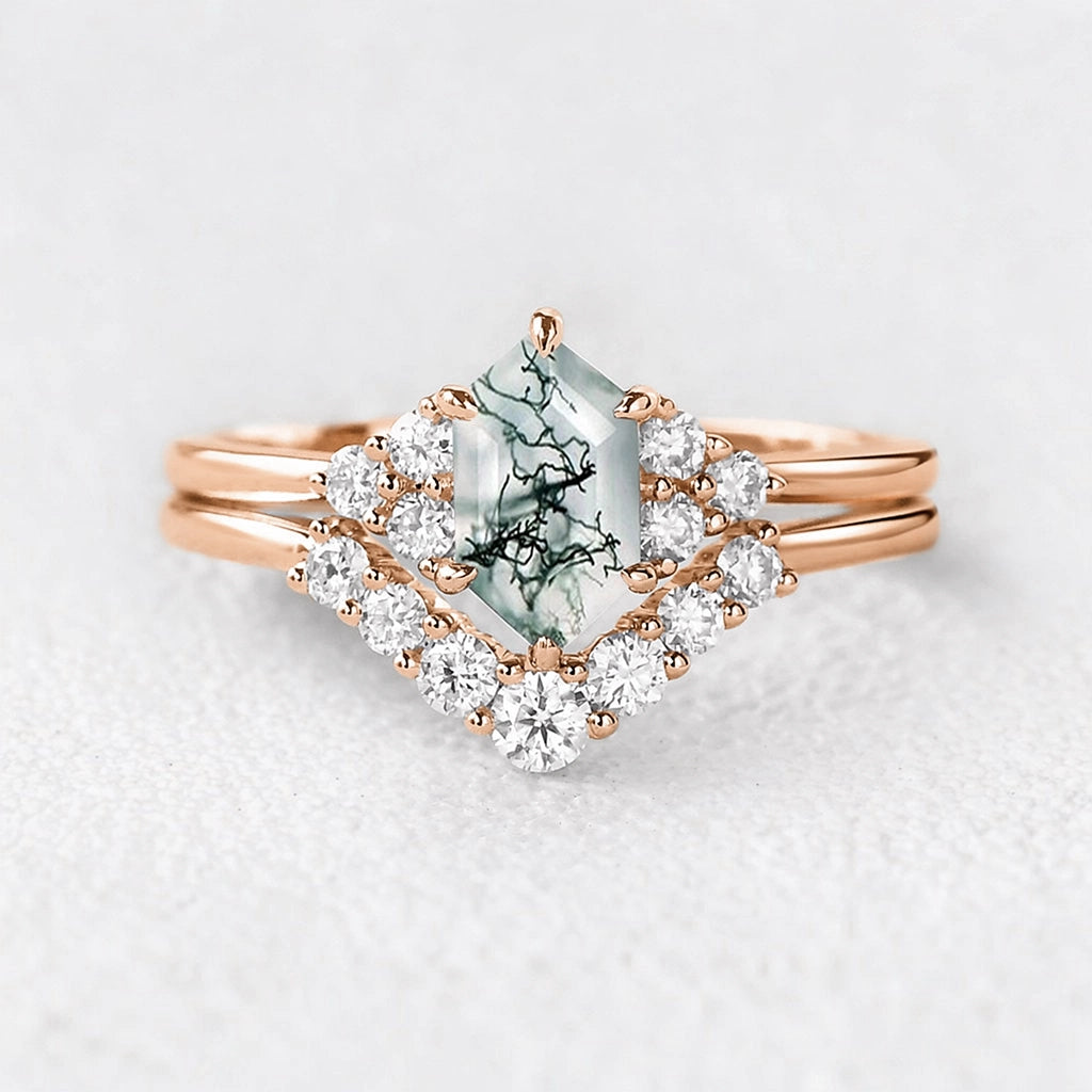 Elara’s Drift | Long Hexagon Moss Agate Stacking Ring Set 2pcs.