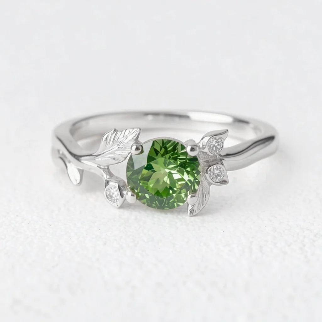 Lumière’s Verde | Round Cut Peridot Vine Engagement Ring