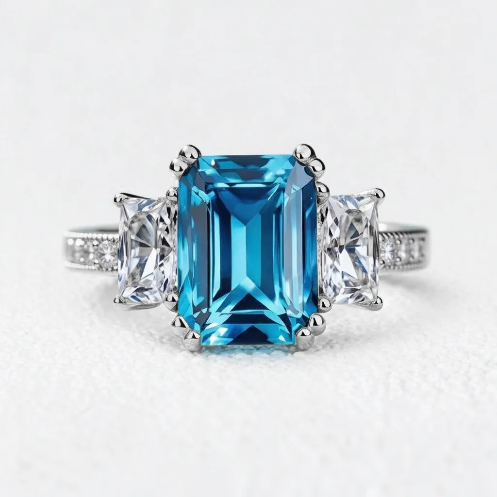 Cleo's Breeze | 3CT Sea Blue Baguette Solitaire Statement Ring