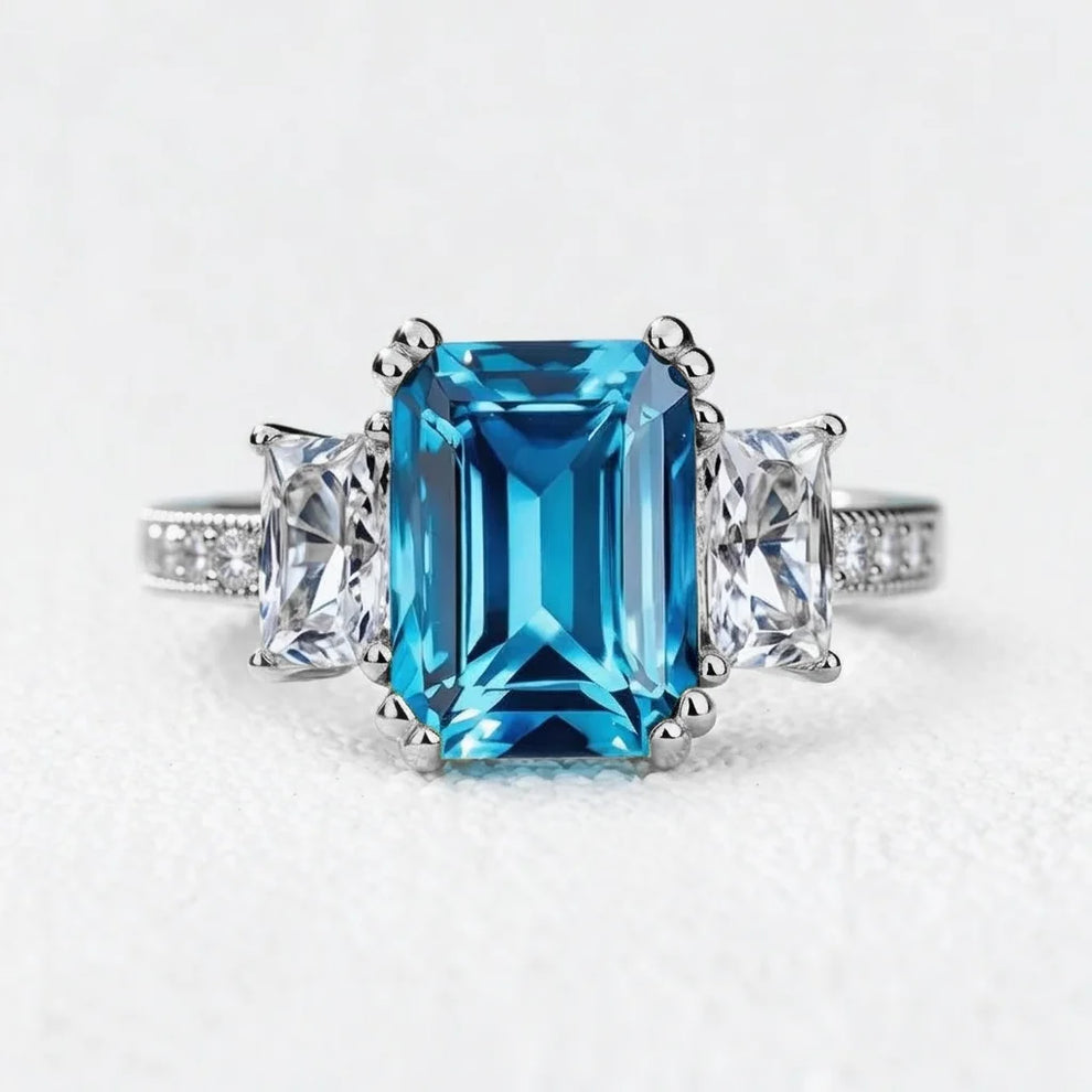 Cleo's Breeze | 3CT Sea Blue Baguette Sapphire Solitaire Statement Ring
