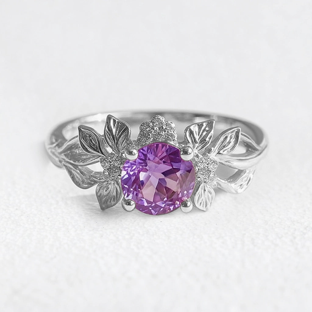 Elena’s Violet | Round Amethyst Floral Engagement Ring.