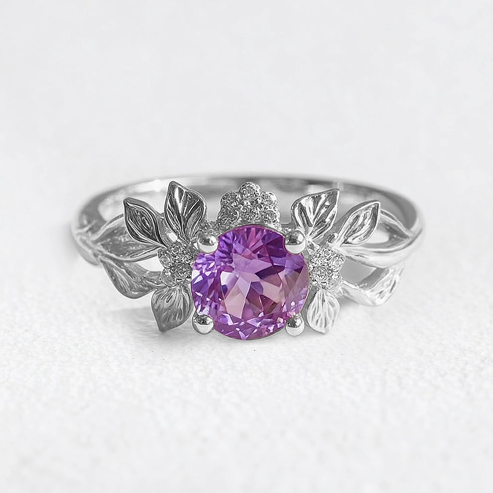 Elena’s Violet | Round Amethyst Floral Engagement Ring.