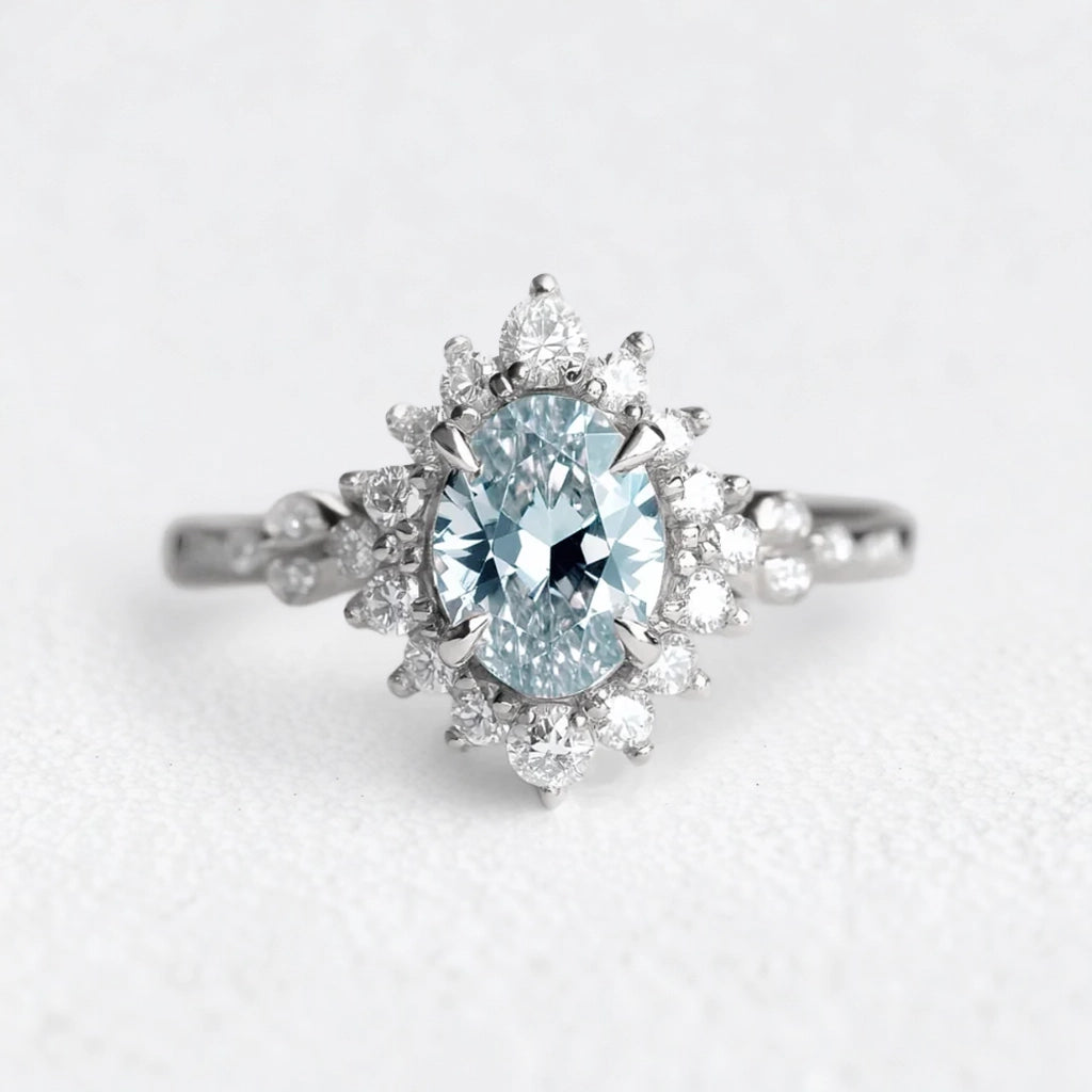 Theia’s Tide | Oval Pink Aquamarine Halo Engagement Ring.