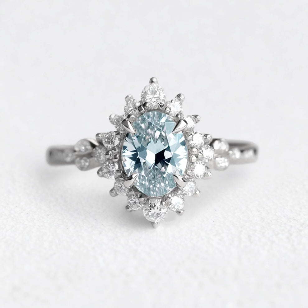 Theia’s Tide | Oval Pink Aquamarine Halo Engagement Ring.