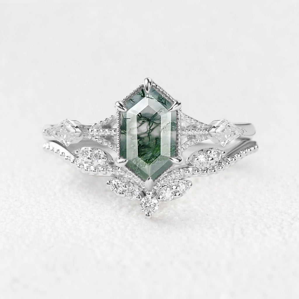 Genevieve’s Grove | Vintage Hexagon Moss Agate Bridal Duo