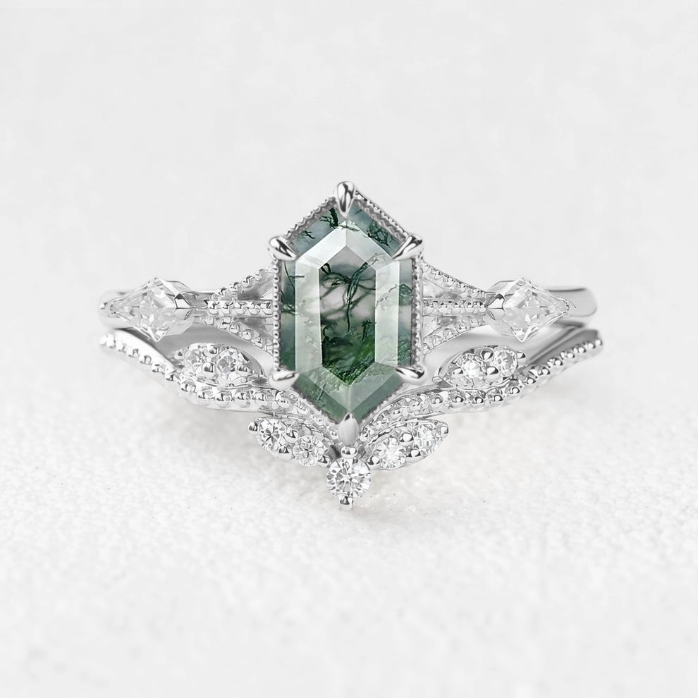 Genevieve’s Grove | Vintage Hexagon Moss Agate Bridal Duo
