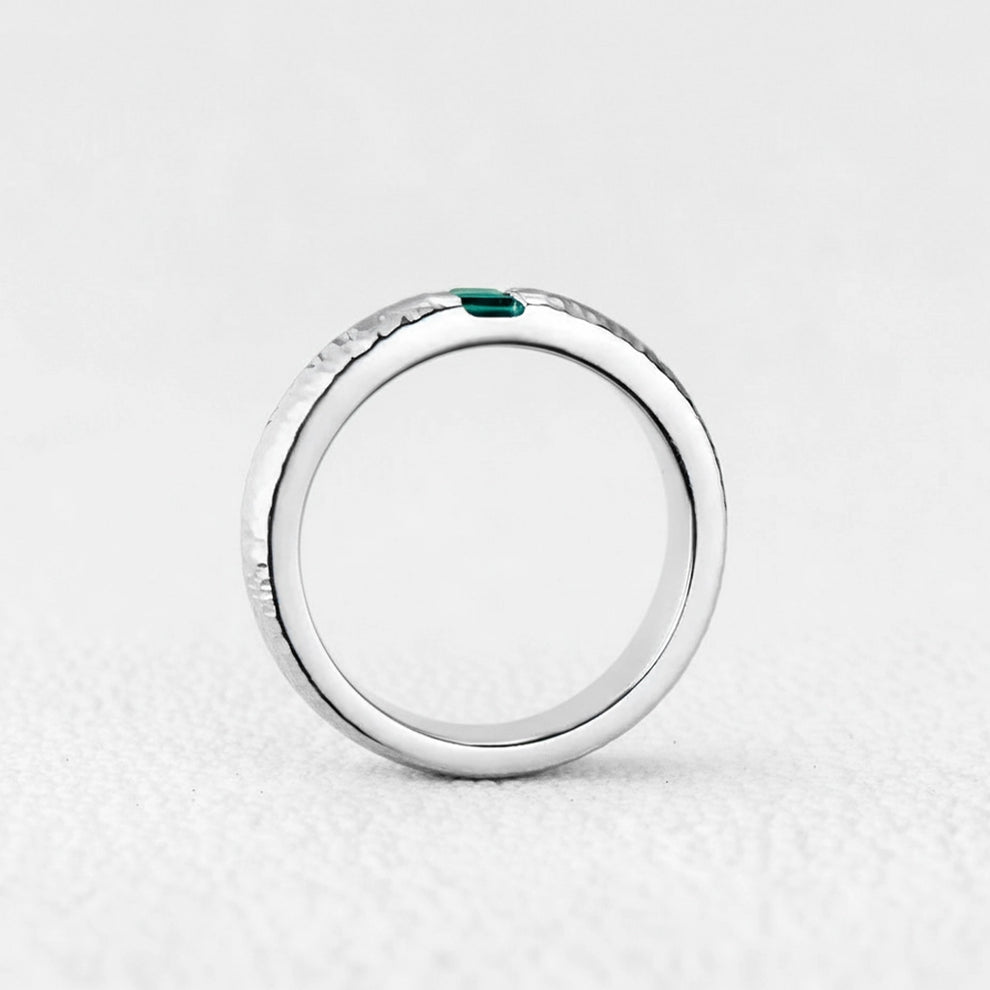 The Retro Keystone | 5MM Hammered Emerald Men's Wedding Band.