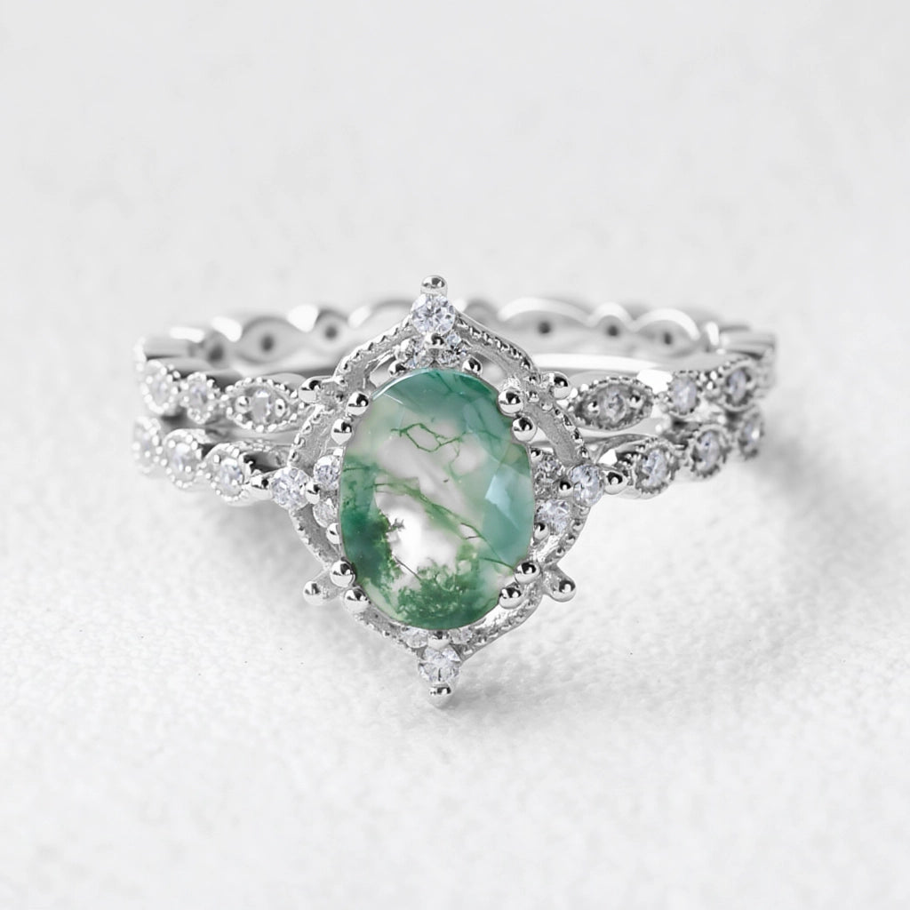 Camellia’s Cameo | Oval Moss Agate Cluster Vintage Bridal Set 2pcs.