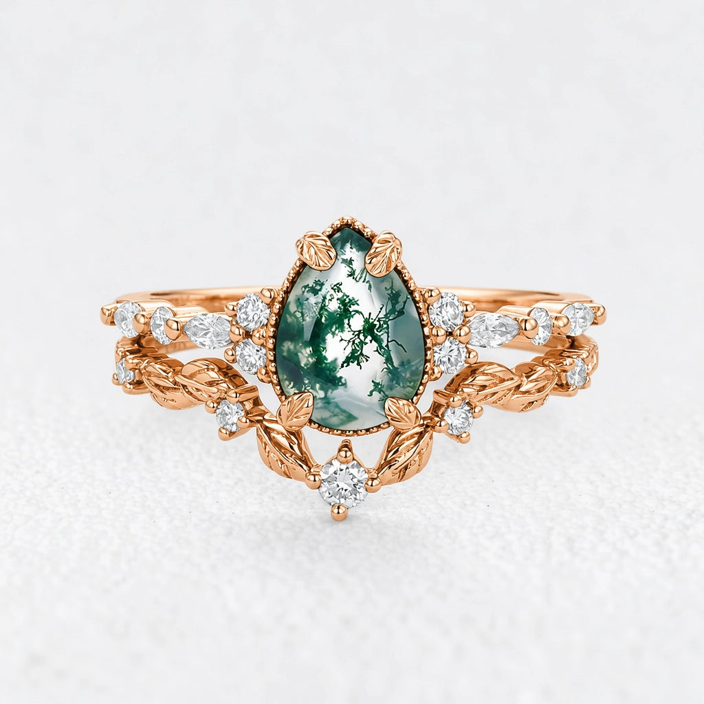 Isadora’s Verdant | Black Gold Pear Moss Agate Leafy Bridal Duo