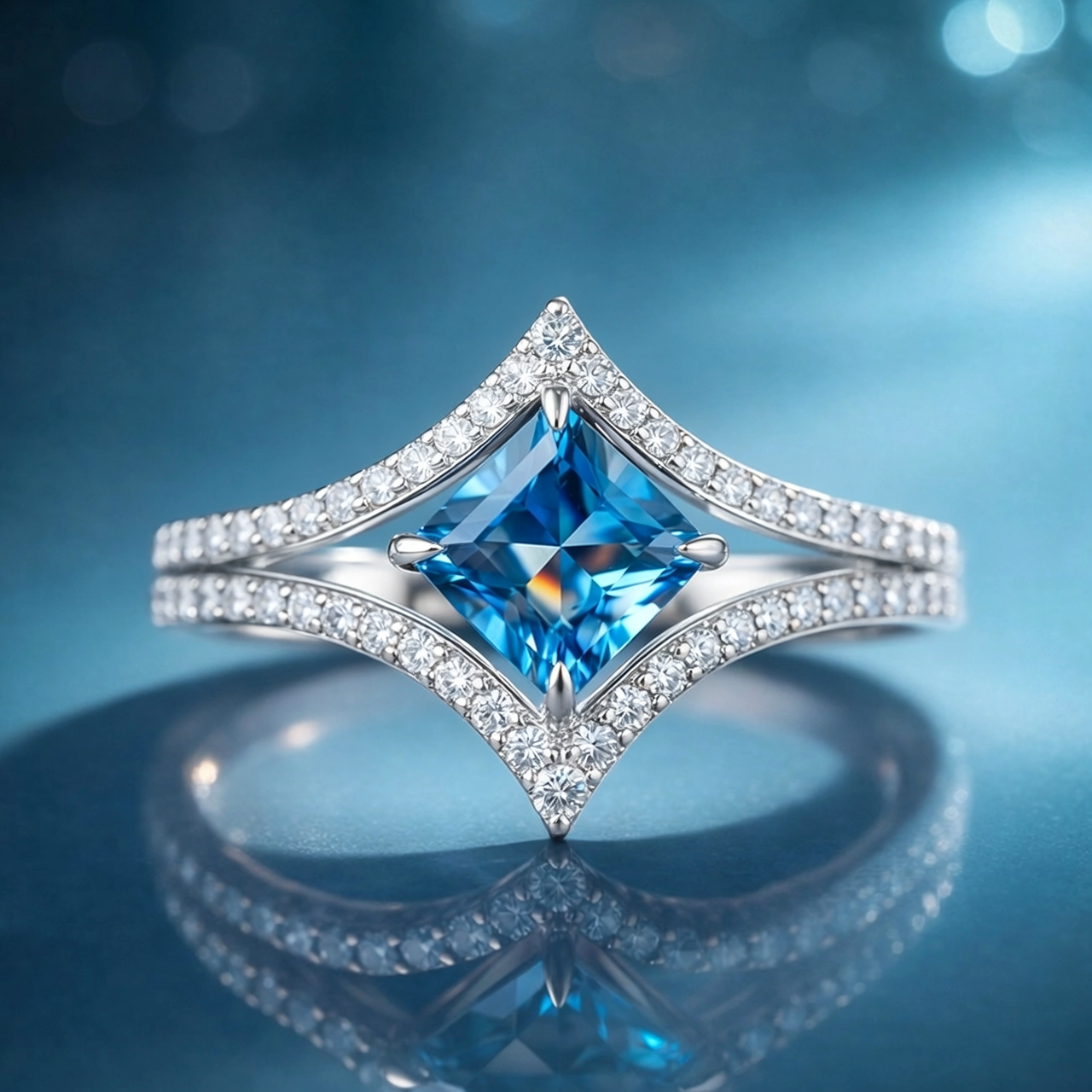 Marina’s Sparkle | 2CT Princess Cut Blue Sapphire Halo Ring.