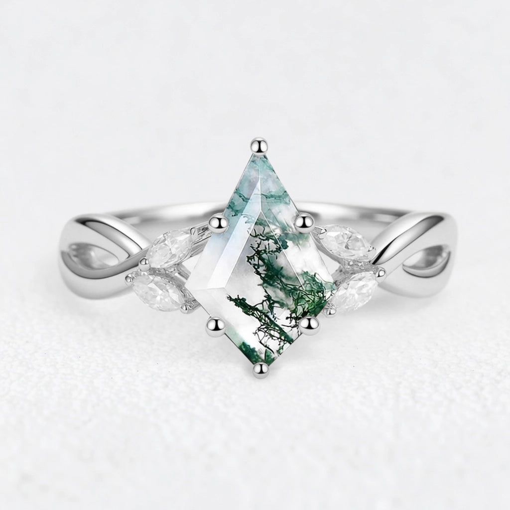 Elara’s Imprint | Kite Cut Moss Agate Engagement Ring