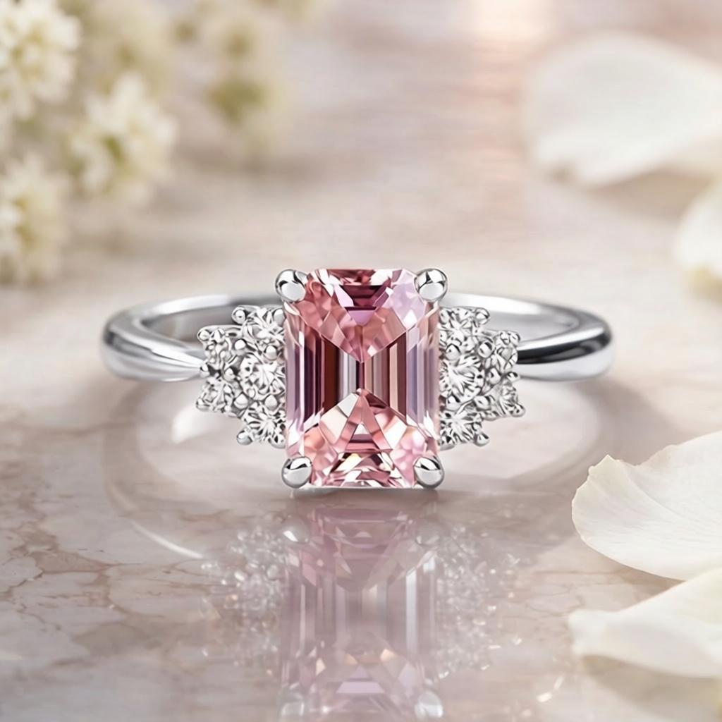 Aurora‘s Halo | 2CT Emerald Cut Pink Gemstone Ring.