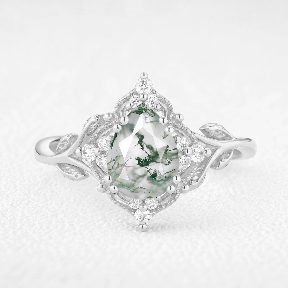 Alexandra’s Verdure | Pear-Cut Moss Agate Foliage Vintage Engagement Ring