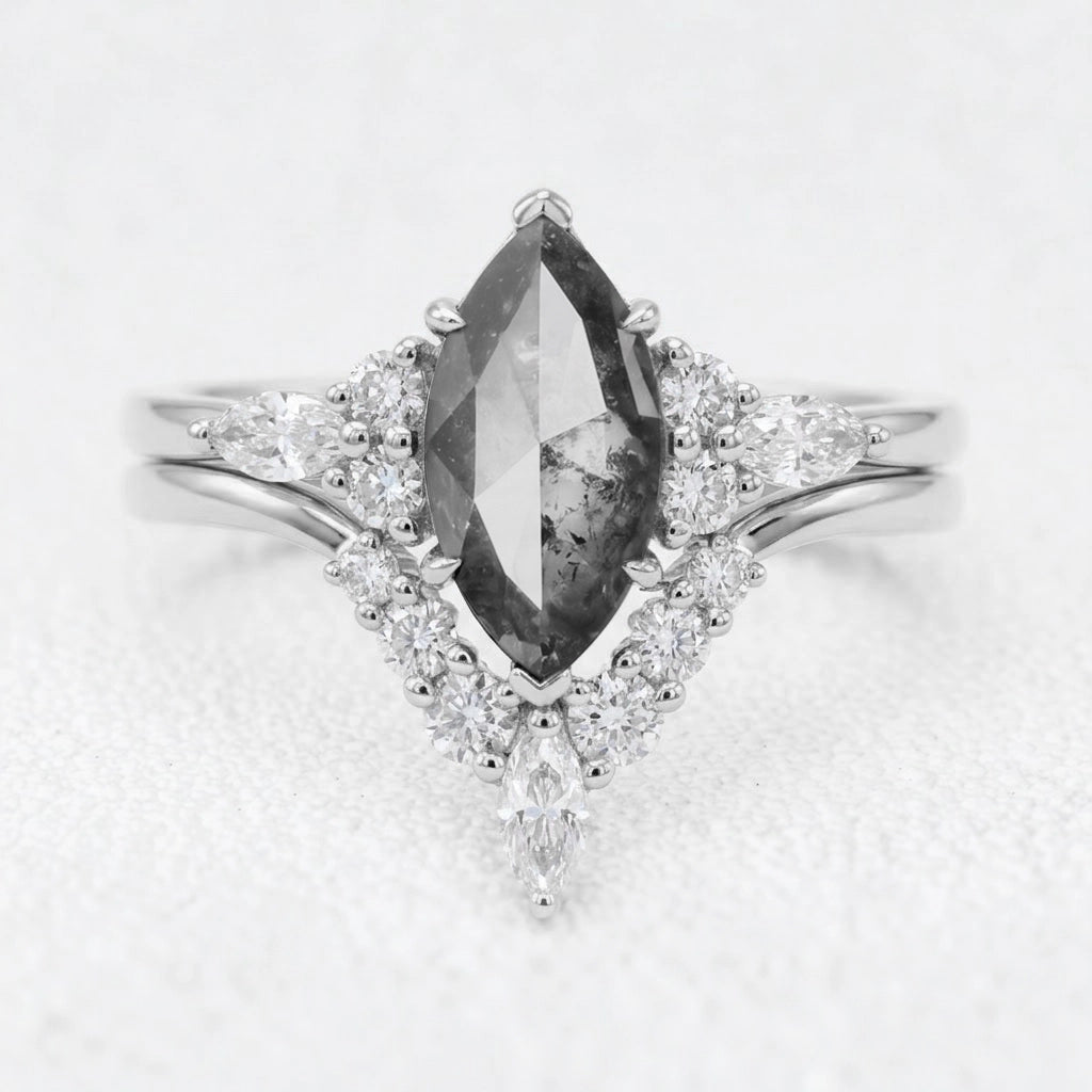 Isadora's Reverie | 1CT Marquise Cut Salt & Pepper Diamond Vintage Bridal Set 2pcs