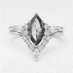 Isadora's Reverie | 1CT Marquise Cut Salt & Pepper Diamond Vintage Bridal Set 2pcs
