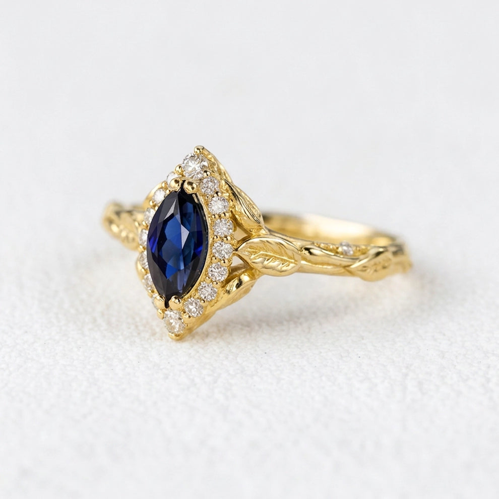 Victoria’s Diadem | Marquise Cut Sapphire & Diamond Halo Bridal Set 2pcs.