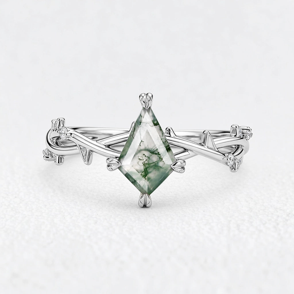 Sylvie’s Essence | Kite Cut Moss Agate Vine Engagement Ring