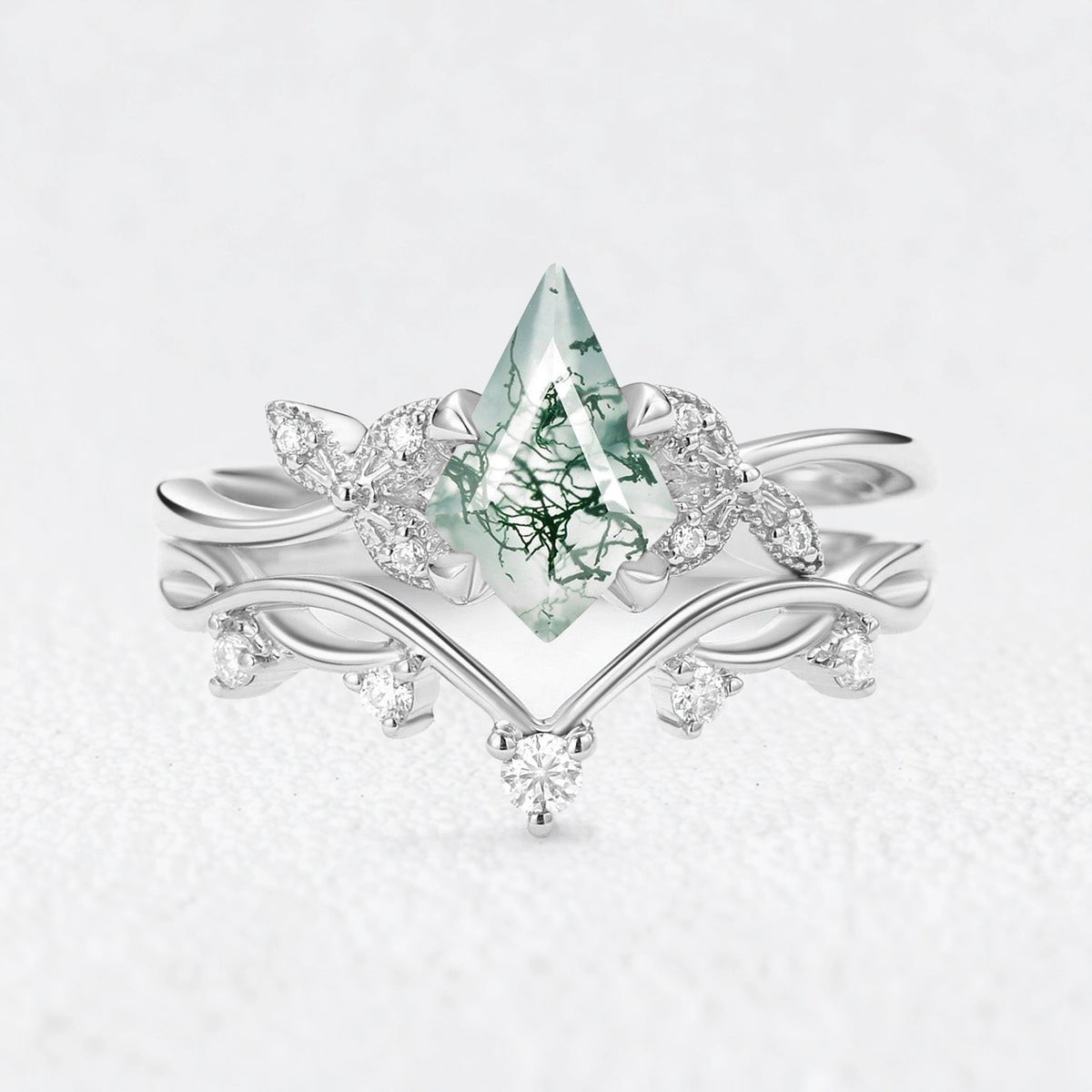 Marguerite’s Foliage | Kite Cut Moss Agate Branch Bridal Duo