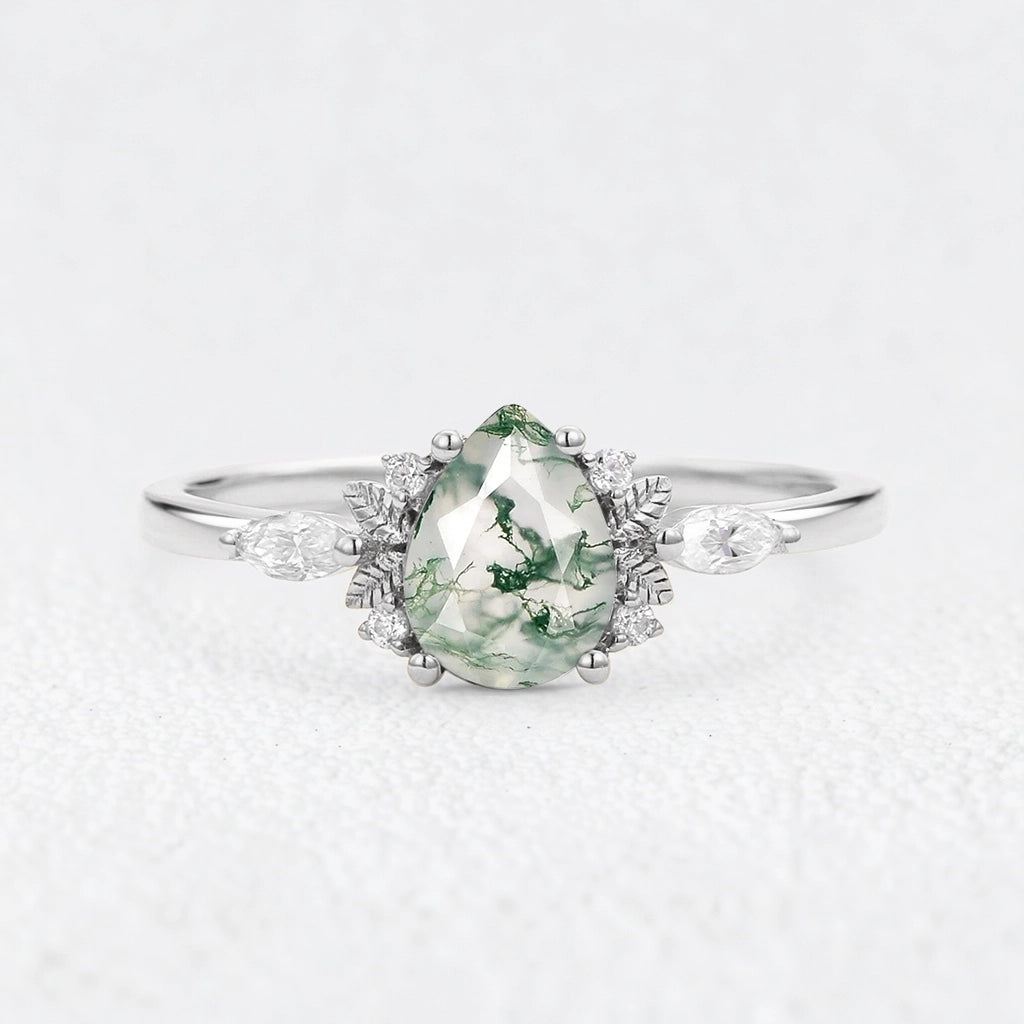 Elara’s Whisper | Pear Moss Agate Foliage Engagement Ring